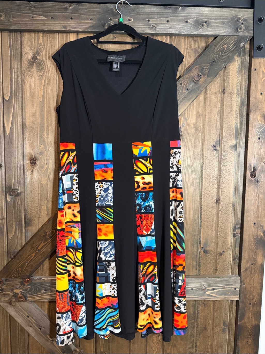 Frank Lyman Design Black Midi Dress With Vibrant Multicolor Patchwork